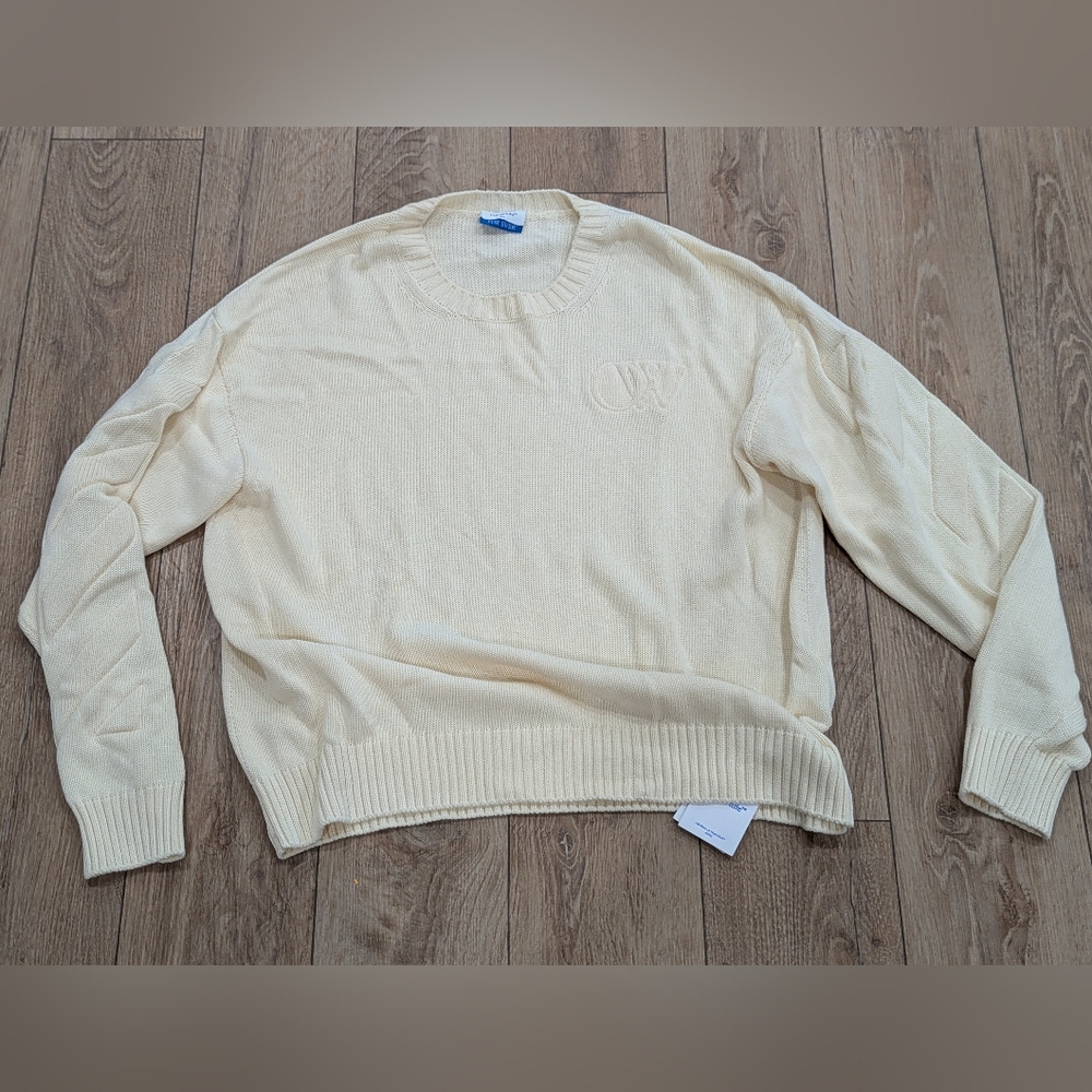 $1250 Mens OFF-WHITE 3D Diagonal Logo Cotton Blend Sweater Cream Large